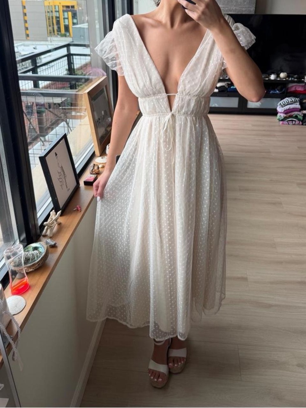 Lulu's Ivory Swiss Dot Maxi Dress with Deep V